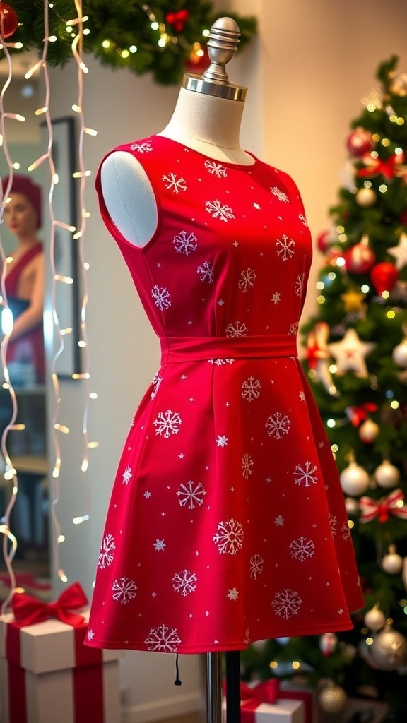 Y2K inspired Christmas dress in red with playful patterns, displayed with festive decorations.